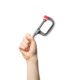 Photo of Man holding clamp isolated on white, closeup