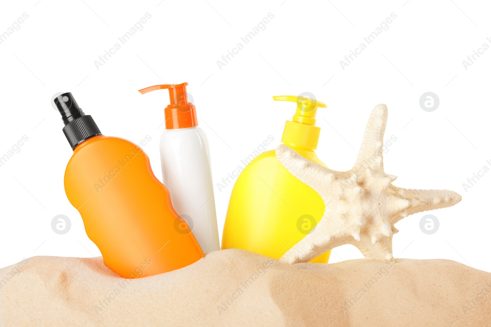 Photo of Composition with sun protection products on white background. Body care