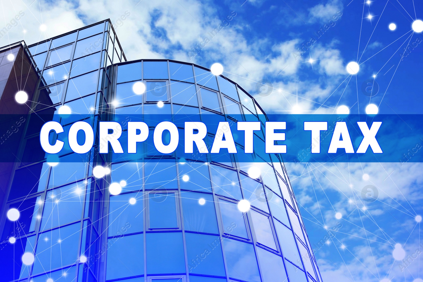 Image of Corporate tax concept. Modern office building with tinted windows outdoors