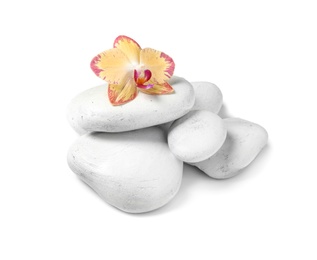 Spa stones with orchid flower on white background