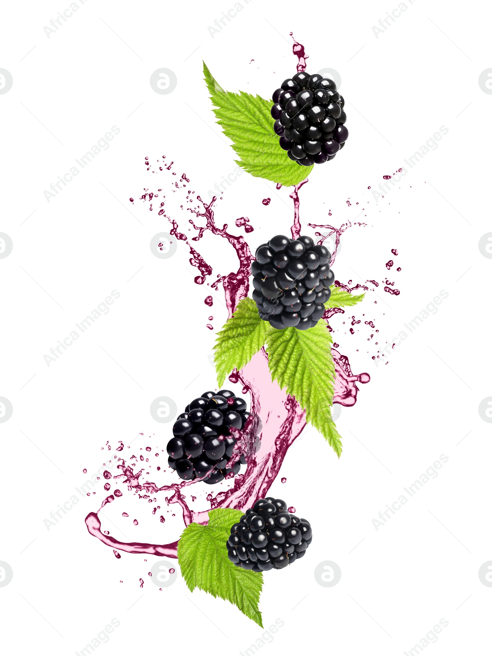 Image of Fresh blackberries and juice in air on white background