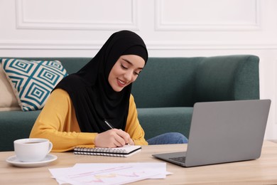 Muslim woman in hijab writing notes near laptop at wooden table indoors