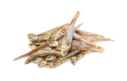 Delicious dried salted anchovies on white background