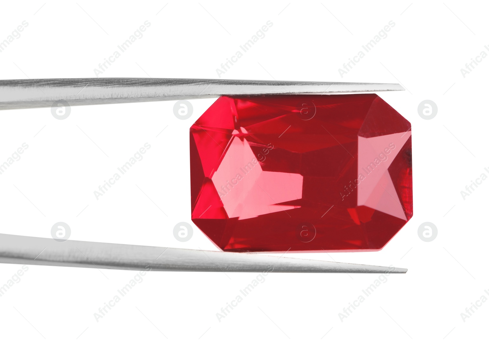 Photo of Tweezers with beautiful gemstone on white background