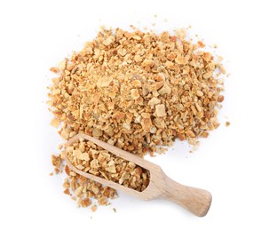 Photo of Dried orange zest seasoning and scoop isolated on white, top view