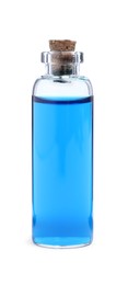 Glass bottle of light blue food coloring on white background