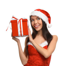 Photo of Beautiful Asian woman in Santa costume with Christmas gift on white background