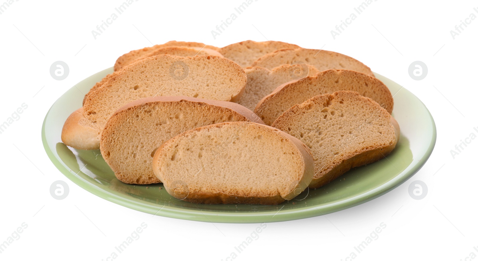 Photo of Plate of hard chuck crackers on white background