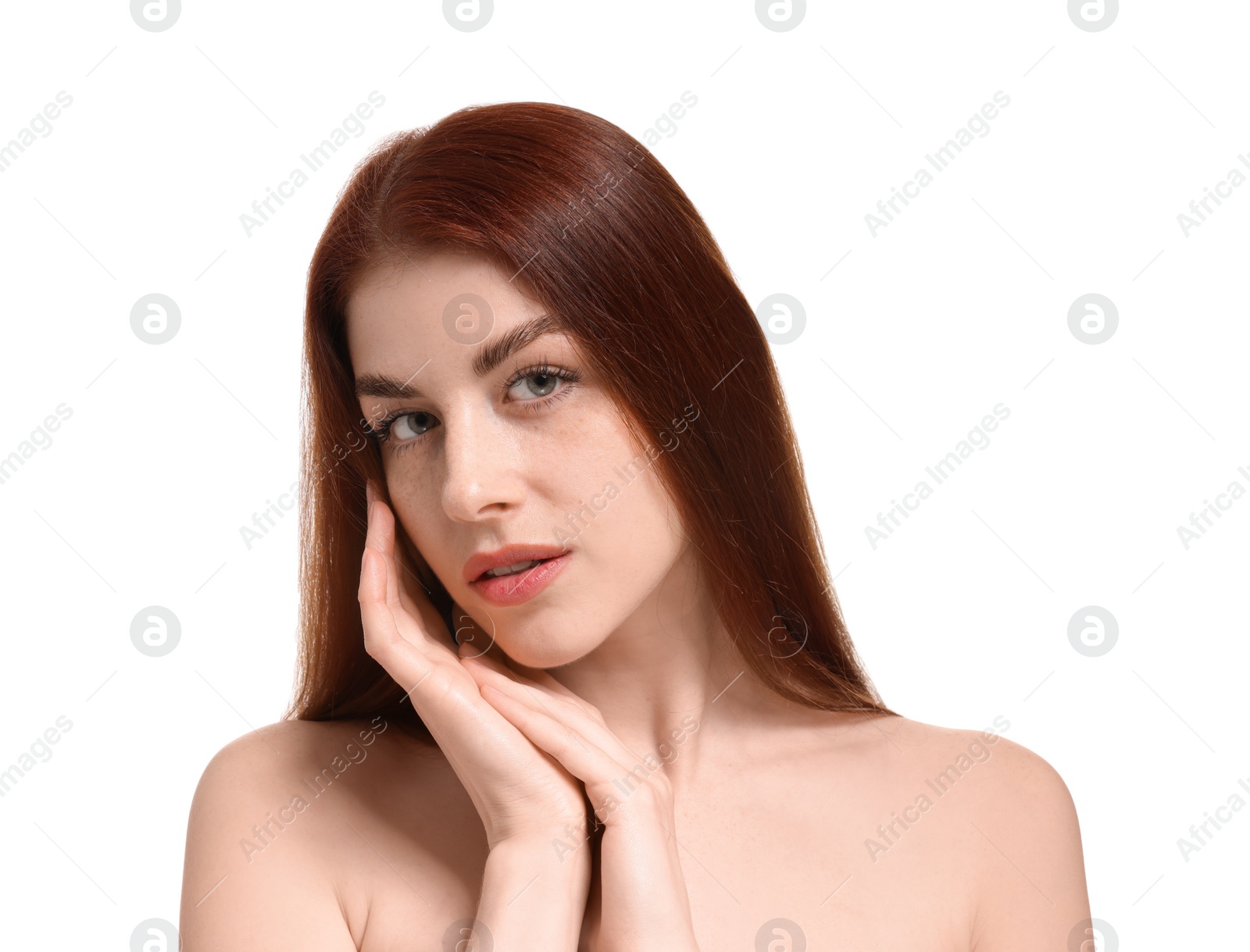 Photo of Portrait of beautiful woman with freckles on white background