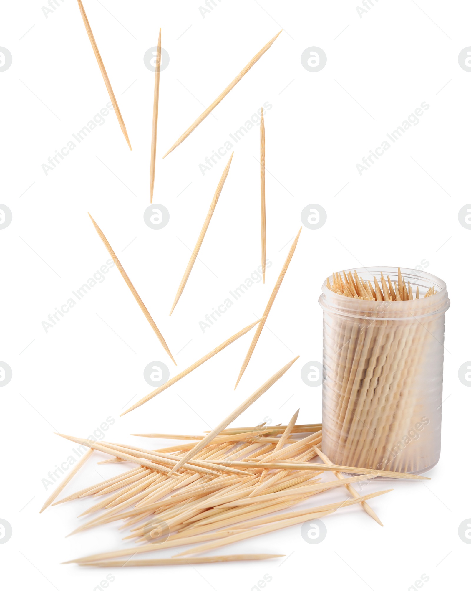 Image of Holder with wooden toothpicks on white background