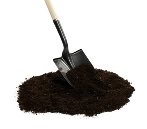 Photo of Shovel and pile of soil isolated on white
