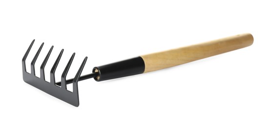 Photo of Modern rake isolated on white. Gardening tool