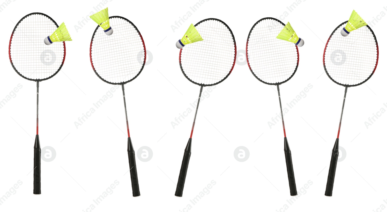 Image of Set with badminton rackets and shuttlecocks on white background. Banner design