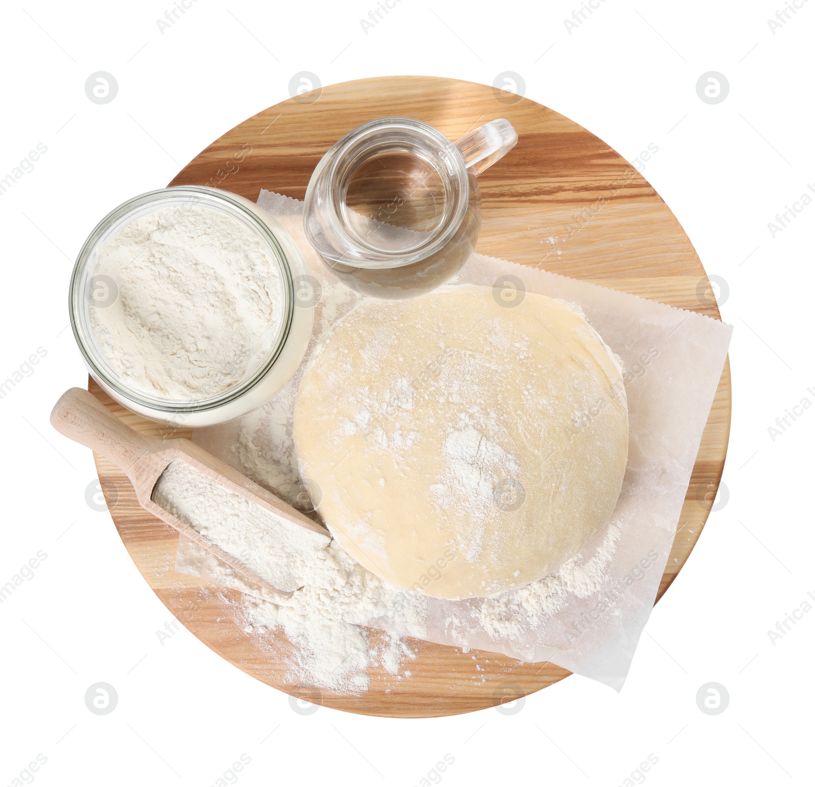 Photo of Cooking scones with soda water. Dough and ingredients isolated on white, top view