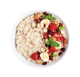 Photo of Delicious oatmeal with freeze dried berries, banana, nuts and mint on white background, top view