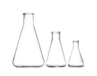 Empty conical flasks on white background. Chemistry glassware