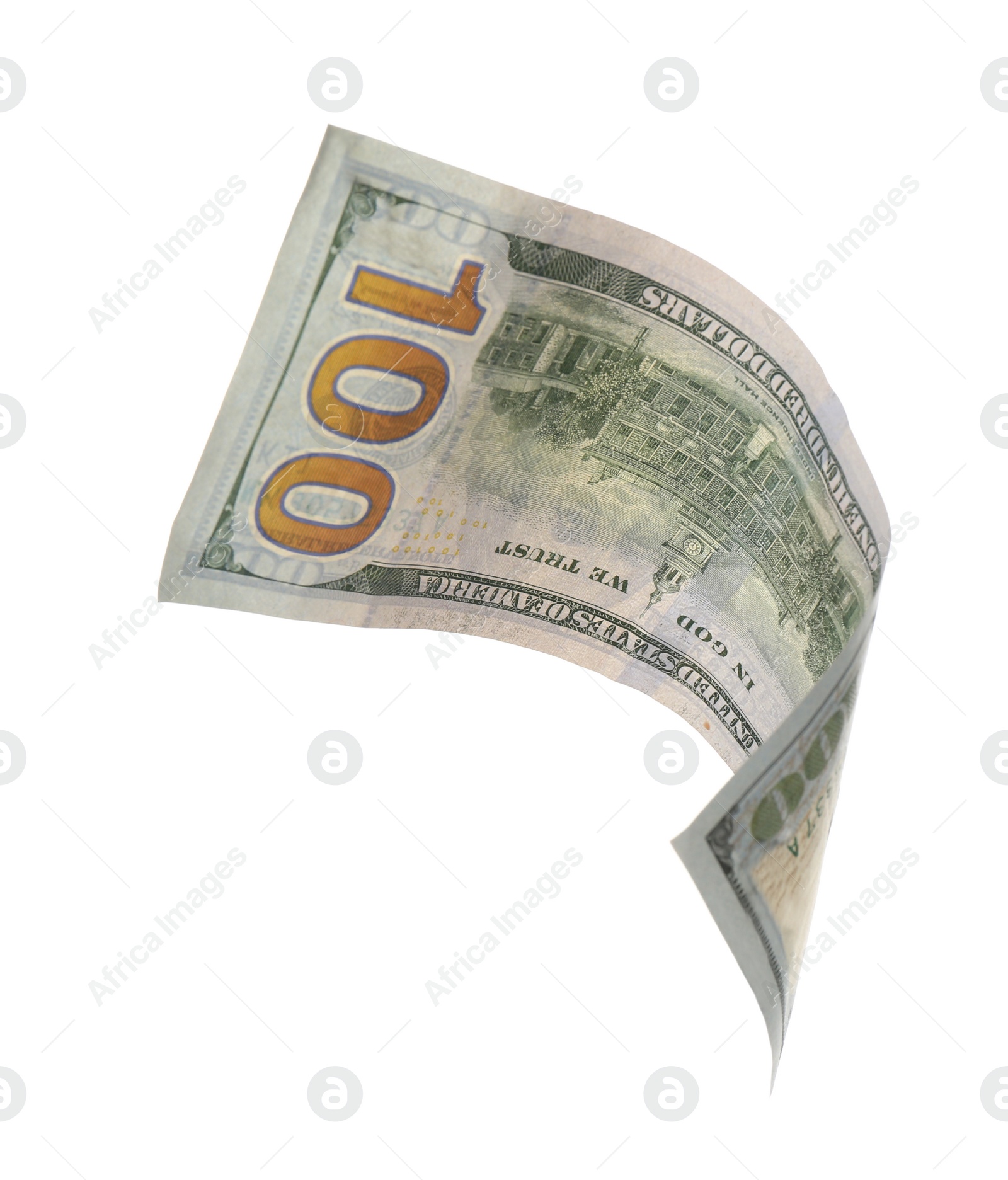 Photo of Dollar banknote isolated on white. Flying money