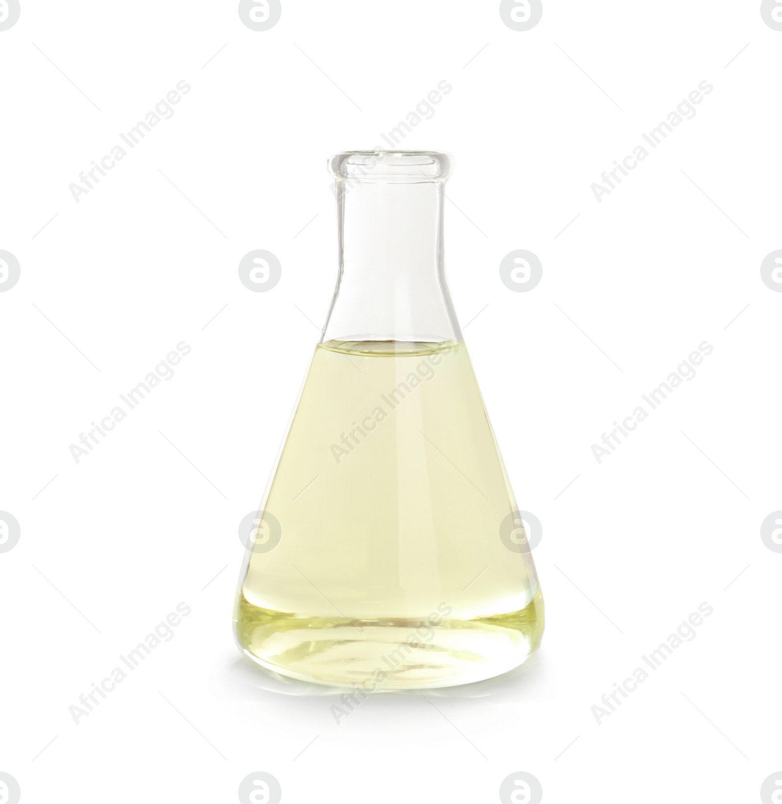 Photo of Conical flask with liquid on white background. Laboratory analysis