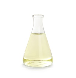 Photo of Conical flask with liquid on white background. Laboratory analysis