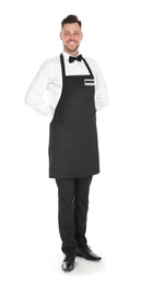 Photo of Full length portrait of handsome waiter in elegant uniform on white background