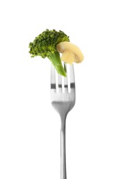 Photo of Fork with tasty broccoli and marinated mushroom isolated on white