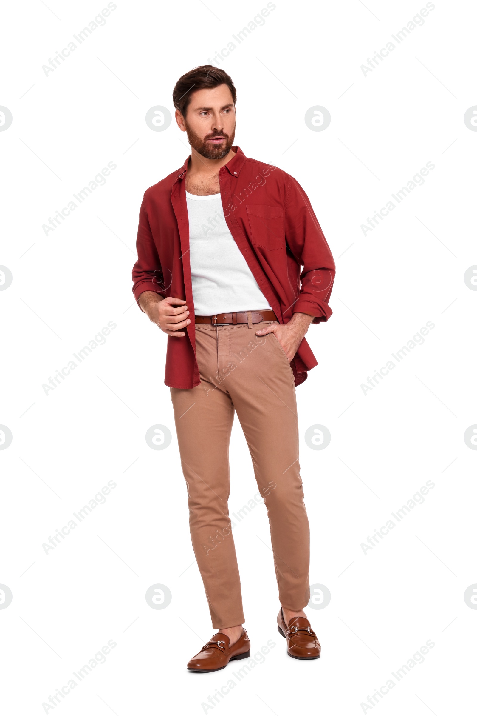 Photo of Attractive man in casual clothes on white background