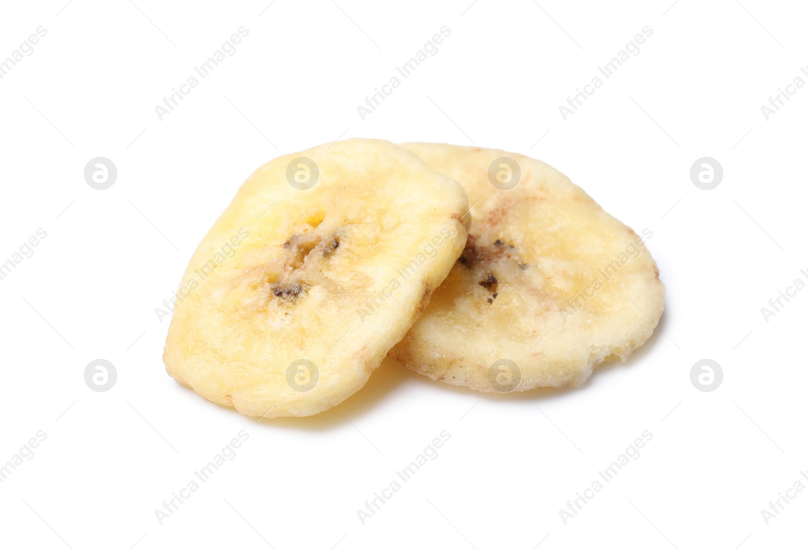 Photo of Sweet banana slices on white background. Dried fruit as healthy snack
