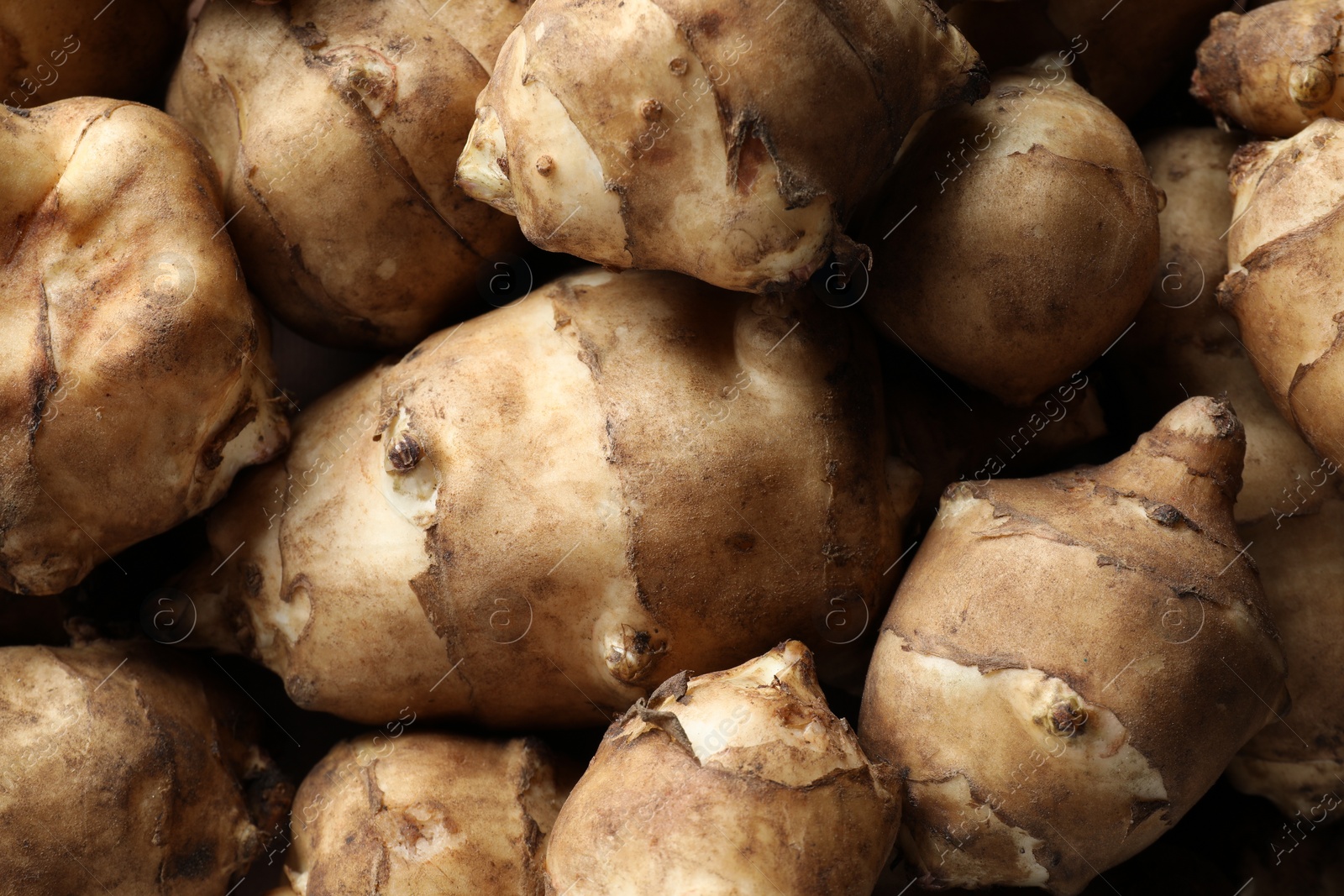 Photo of Many fresh Jerusalem artichokes as background, closeup