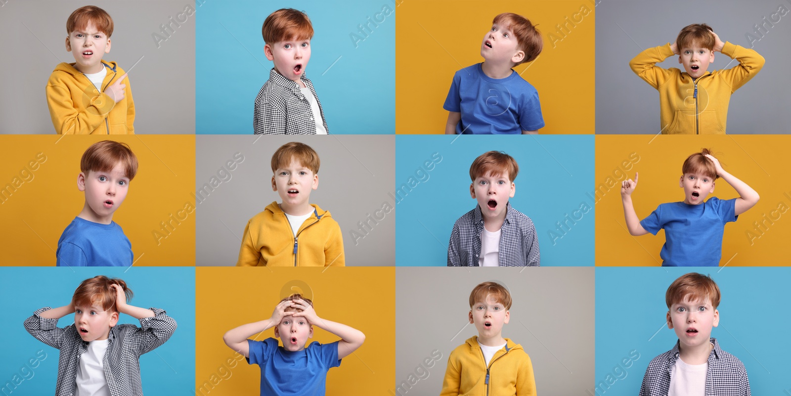 Image of Collage with photos of surprised boy on different color backgrounds