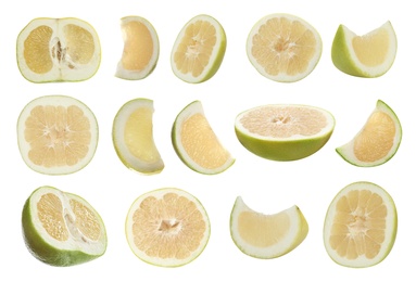 Image of Set with fresh ripe sweetie fruits on white background