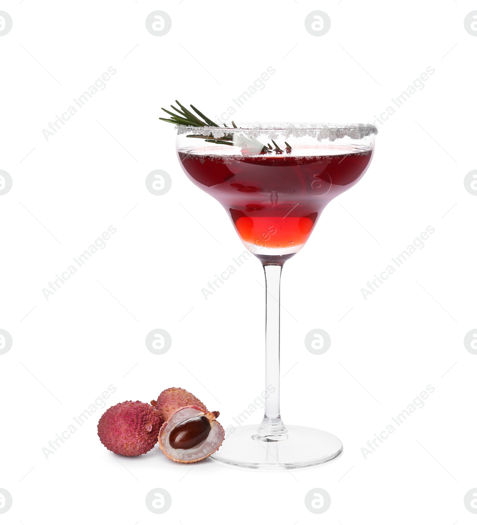 Photo of Lychee cocktail with rosemary near fresh fruits on white background
