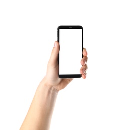 Man holding smartphone with blank screen on white background, closeup of hand. Space for text