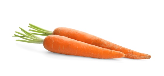 Photo of Fresh ripe carrots on white background. Wholesome vegetable