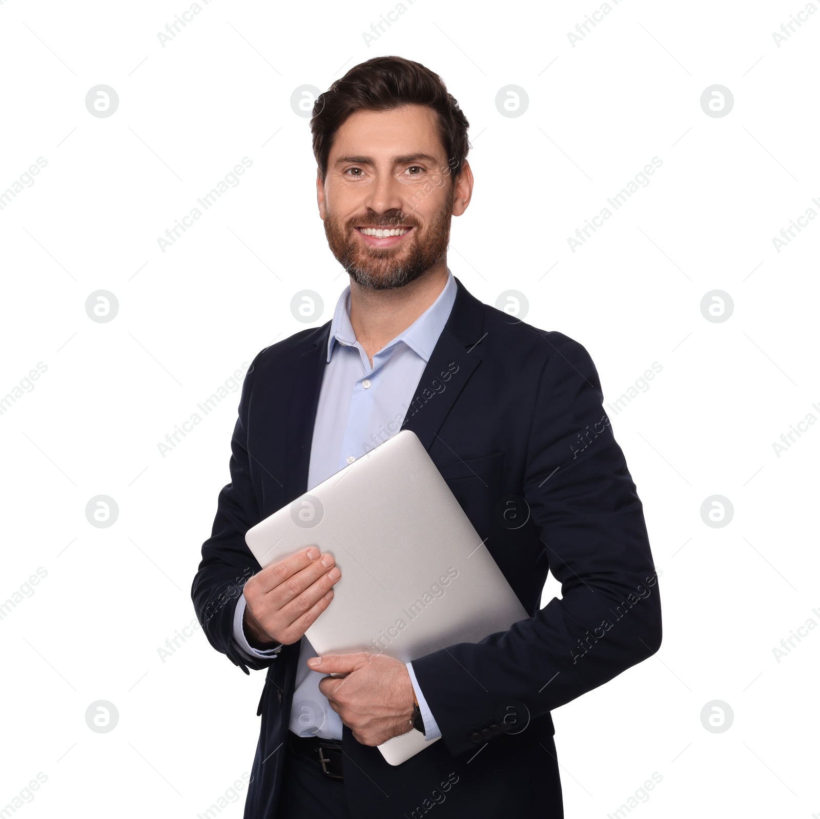 Photo of Portrait of smiling man with laptop on white background. Lawyer, businessman, accountant or manager