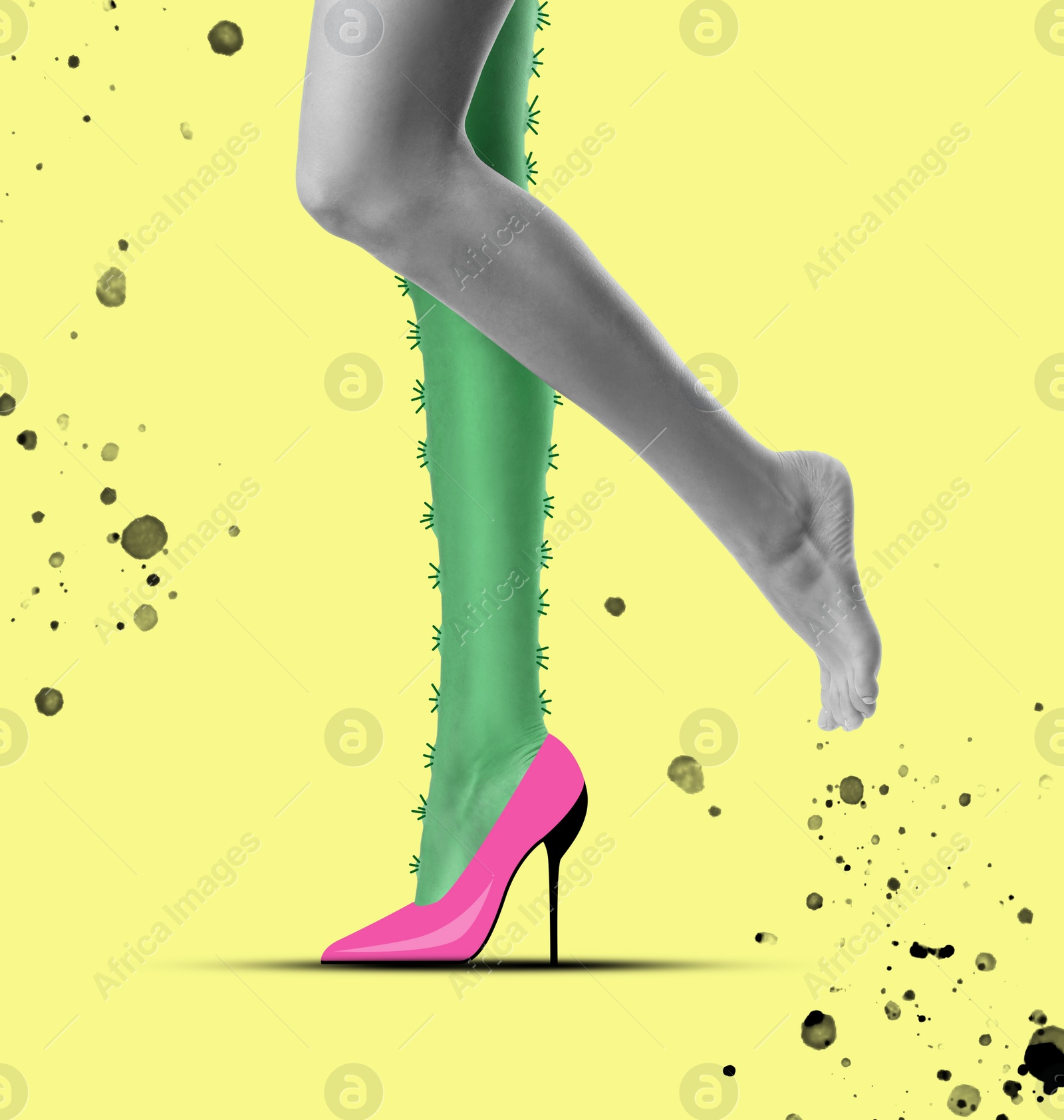 Image of Epilation concept. Young woman with one leg as cactus and other one smooth on yellow background, closeup