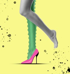 Image of Epilation concept. Young woman with one leg as cactus and other one smooth on yellow background, closeup
