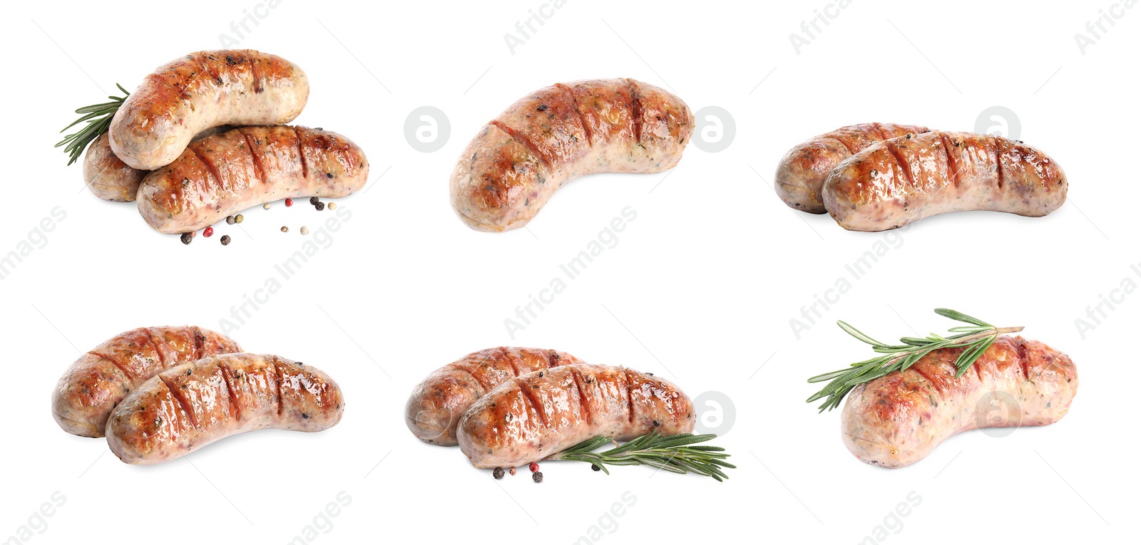 Image of Set of delicious grilled sausages on white background