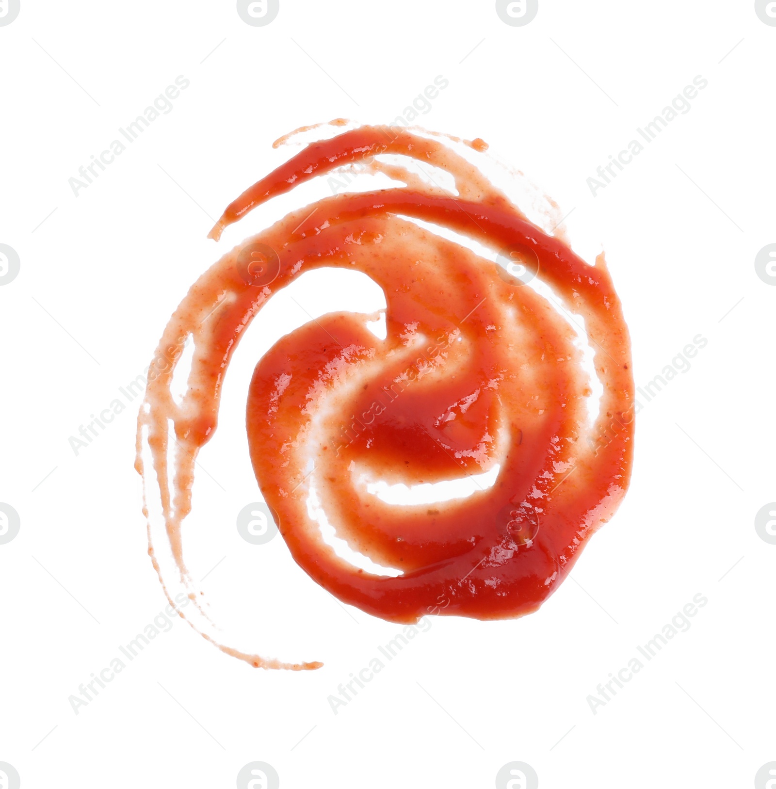 Photo of Tasty ketchup isolated on white, top view. Tomato sauce