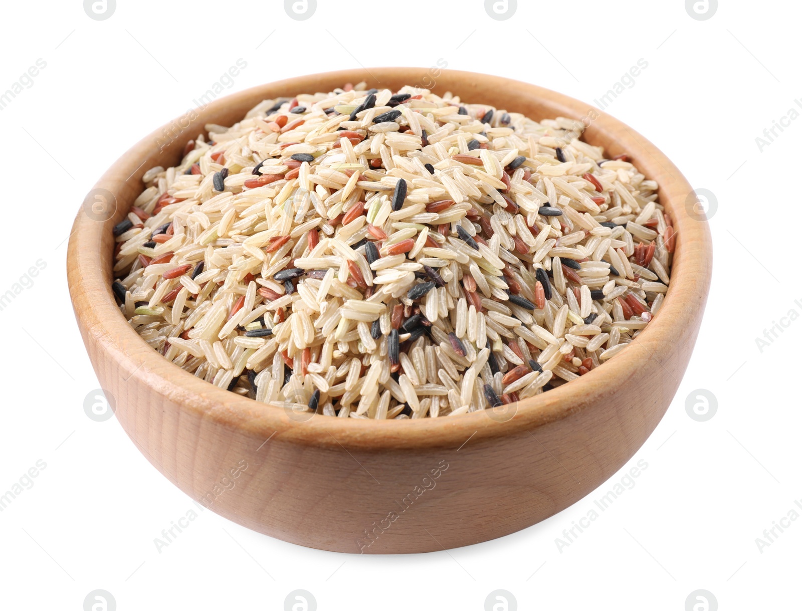 Photo of Mix of different brown rice in wooden bowl isolated on white