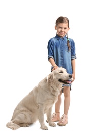 Photo of Cute little child with his pet on white background