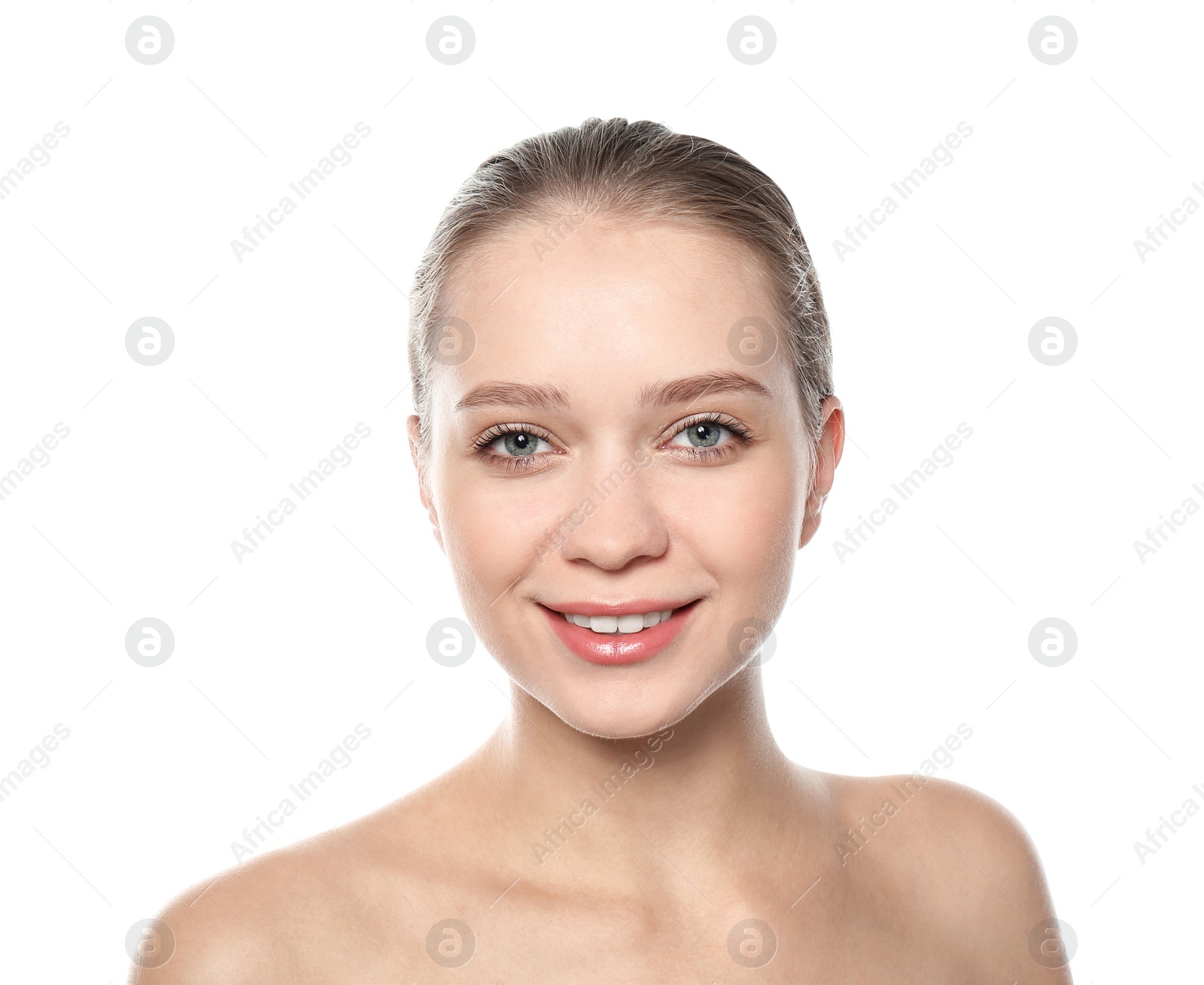 Photo of Portrait of beautiful young woman on white background. Lips contouring, skin care and cosmetic surgery concept