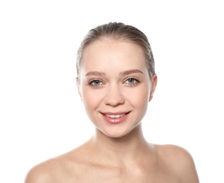 Portrait of beautiful young woman on white background. Lips contouring, skin care and cosmetic surgery concept