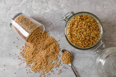 Delicious whole grain mustard and seeds on grey table, flat lay