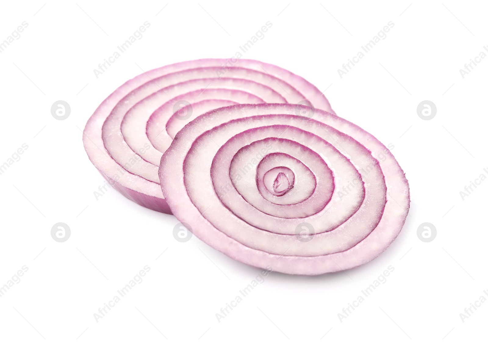 Photo of Fresh slices of red onion isolated on white