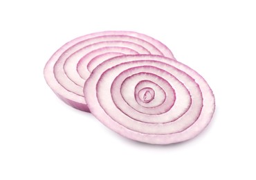 Photo of Fresh slices of red onion isolated on white