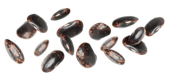 Image of Many black beans falling on white background, banner design. Vegan diet 