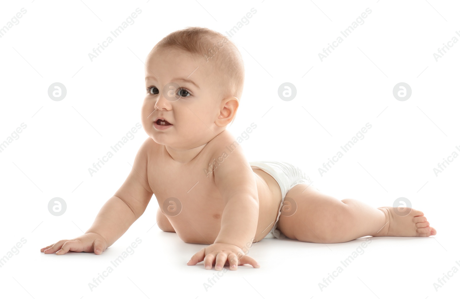 Photo of Cute little baby in diaper on white background