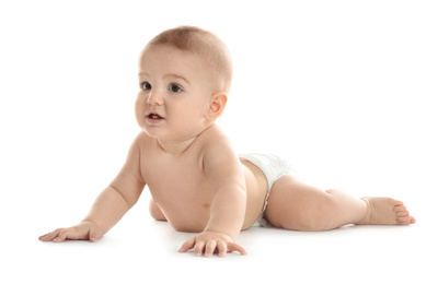 Cute little baby in diaper on white background