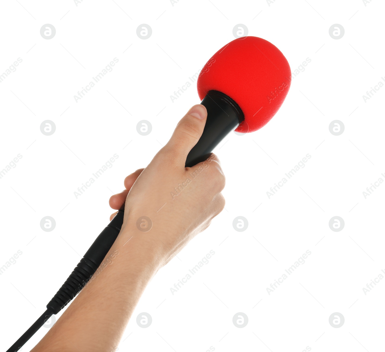 Photo of Woman holding microphone on white background, closeup