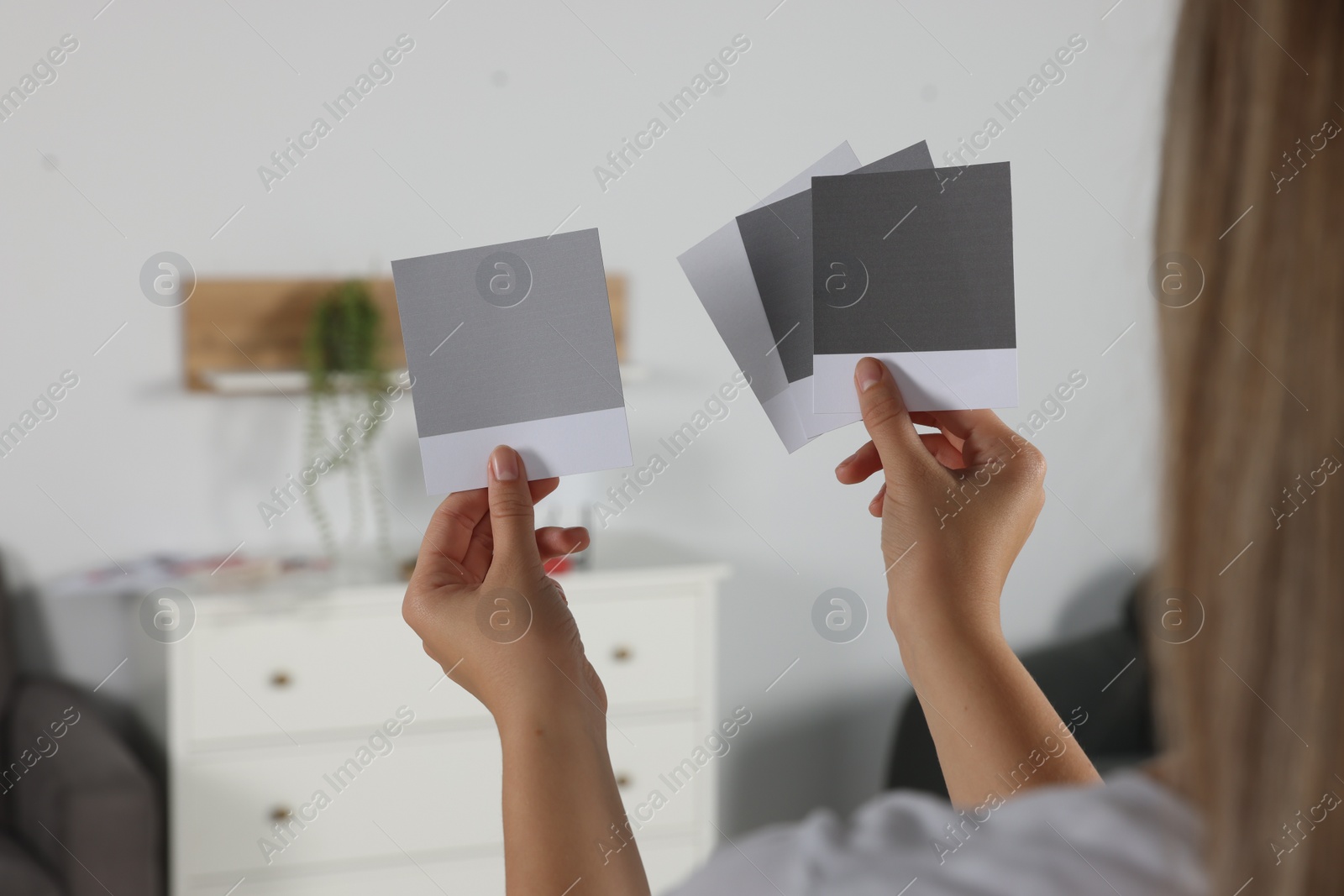 Photo of Woman choosing paint shade for wall in room, focus on hands with color sample cards. Interior design